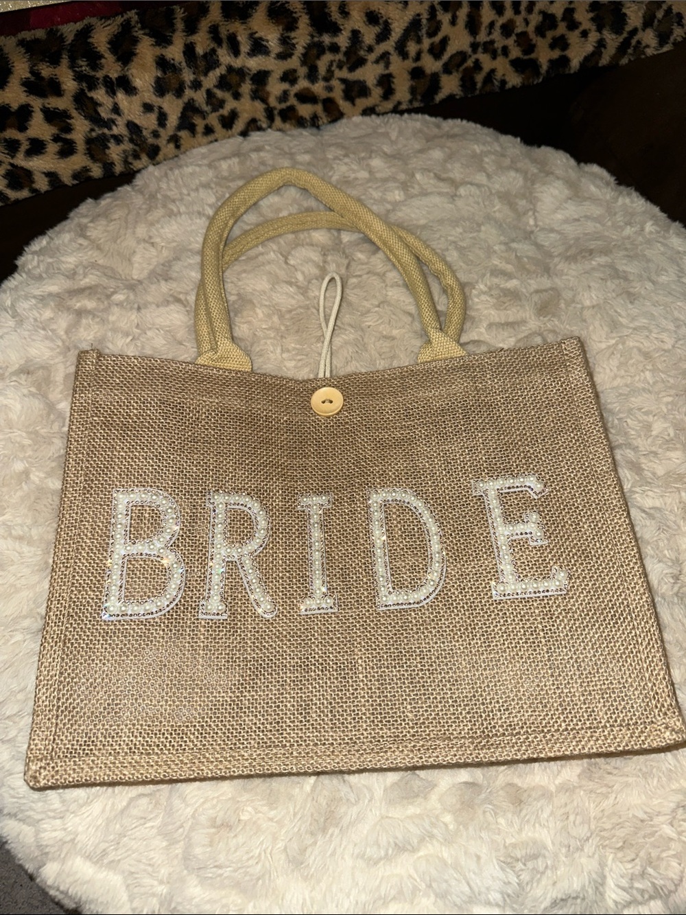 Bride Jute Tote Bag with White Embellished Lettering